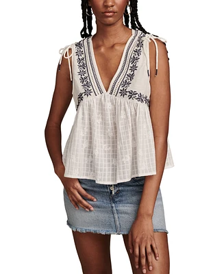 Lucky Brand Women's Cotton Ruched-Shoulder V-Neck Top
