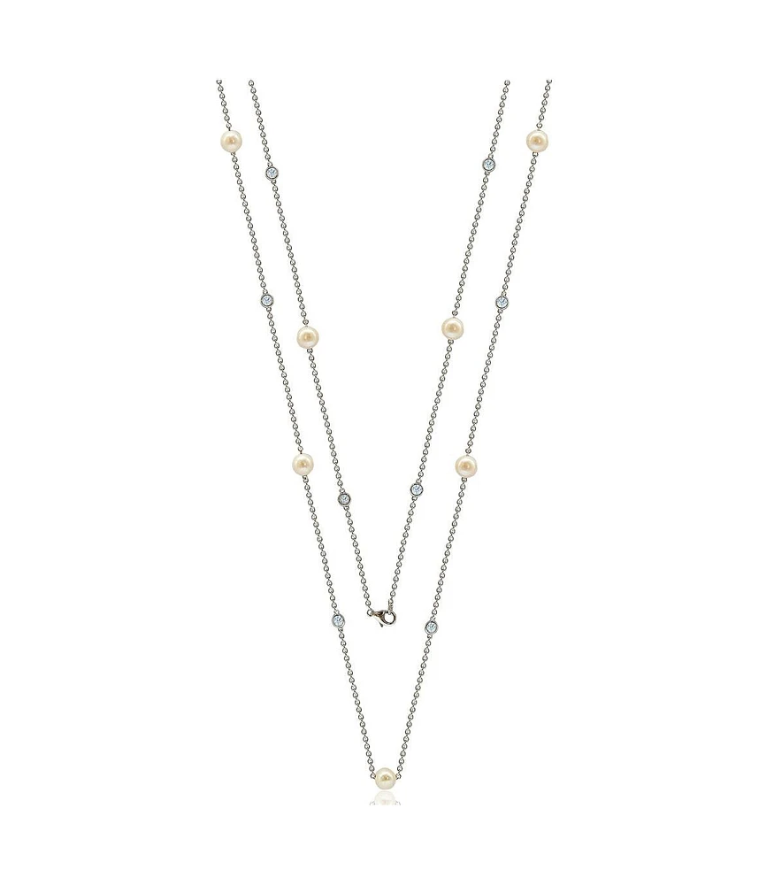 Suzy Levian New York Suzy Levian Sterling Silver Pearl and Cubic Zirconia Station Necklace