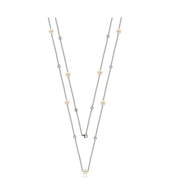 Suzy Levian Sterling Silver Pearl and Cubic Zirconia Station Necklace