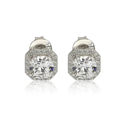 Suzy Levian Sterling Silver Cubic Zirconia Art-Deco Halo Cushion Stud Earrings