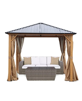 Aoodor 10 x 10 ft. Wooden Finish Coated Aluminum Frame Gazebo with Polycarbonate Roof, Outdoor Gazebos with Curtains and Nettings, for Patio Backyard