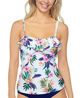 Island Escape Women's Tahiti Tropical-Print Ruffled Tankini Top, Created for Macy's