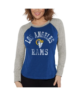 Women's G-iii 4Her by Carl Banks Royal, Heather Gray Distressed Los Angeles Rams Waffle Knit Raglan Long Sleeve T-shirt