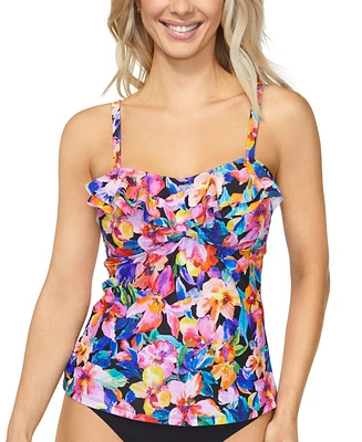 Island Escape Women's Tahiti Floral-Print Ruffled Tankini Top, Created for Macy's