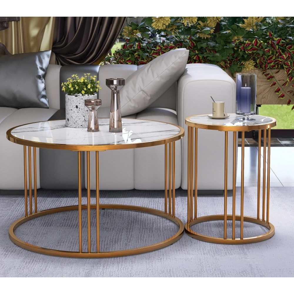 Simplie Fun Coffee Table Set Of 2, Round Slate Coffee Table With Steel Frame For Living Room