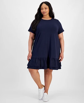 Tommy Hilfiger Plus Short-Sleeve Tiered Embroidered Dress