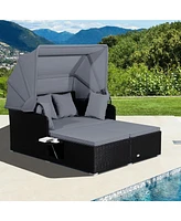 Costway Patio Rattan Daybed Lounge Retractable Top Canopy Side Tables Cushions
