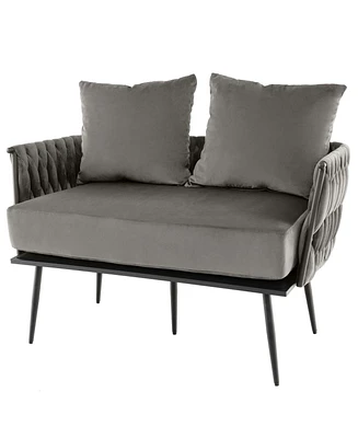 Costway Modern Loveseat Sofa Upholstered Dutch Velvet Couch with Woven Back & Arms