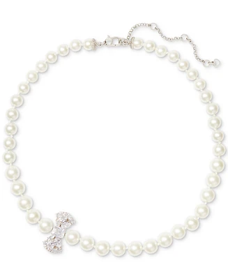 Kate Spade New York Silver-Tone Cubic Zirconia Bow Imitation Pearl Strand Necklace, 17" + 3" extender