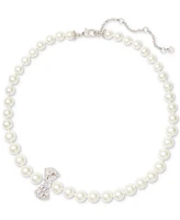 Kate Spade New York Silver-Tone Cubic Zirconia Bow Imitation Pearl Strand Necklace, 17" + 3" extender