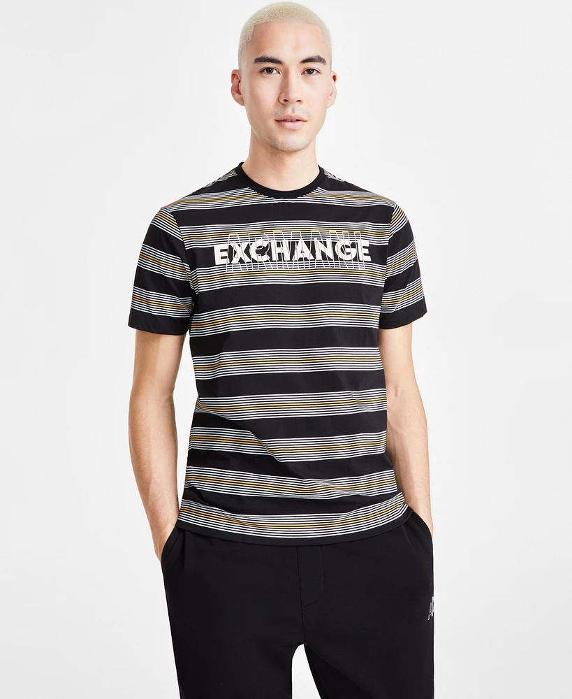 A|X Armani Exchange Men's Short Sleeve Crewneck Striped Logo Graphic T-Shirt