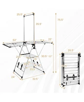 Costway 2-Layer Aluminum Foldable Drying Rack w/ Hanging Bar & 2 Height-adjustable Wings