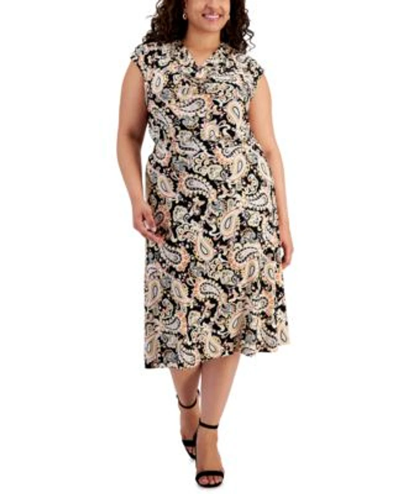 Kasper Plus Size Printed Cowlneck Top Midi Skirt