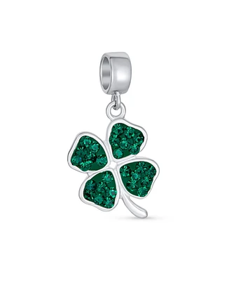 Celtic Lucky Good Luck Leaf Green Crystal Shamrock Irish Clover Dangle Bead Charm For Women .925 Sterling Silver