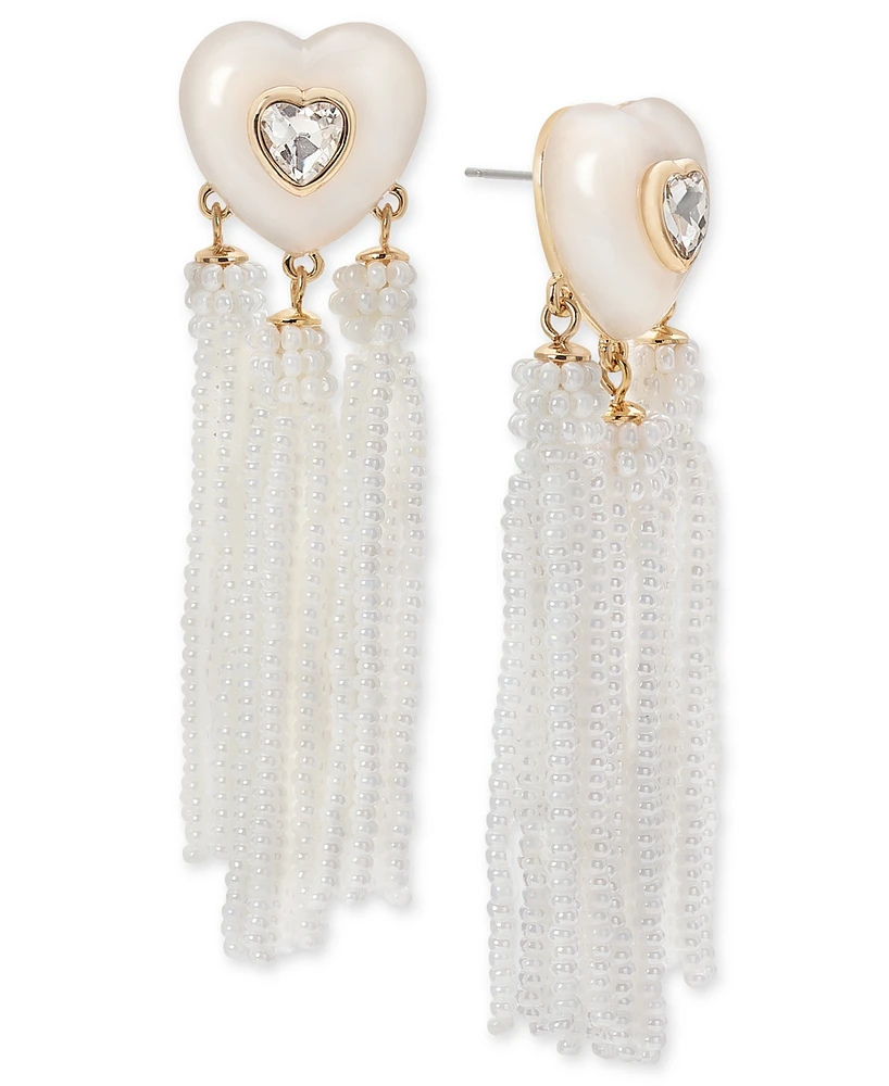 On 34th Gold-Tone Crystal Heart & Beaded Fringe Drop Earrings, Created for Macy's