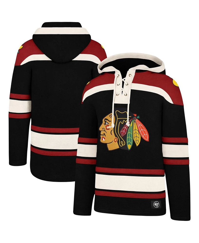 Men's '47 Brand Black Chicago Blackhawks Superior Lacer Pullover Hoodie