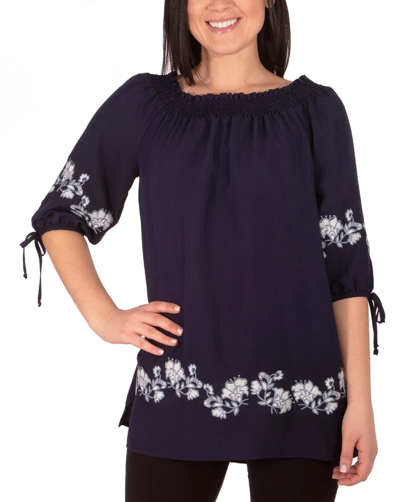 Ny Collection Women's Embroidered Elbow Sleeve Peasant Blouse