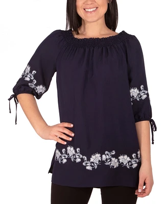 Ny Collection Women's Embroidered Elbow Sleeve Peasant Blouse