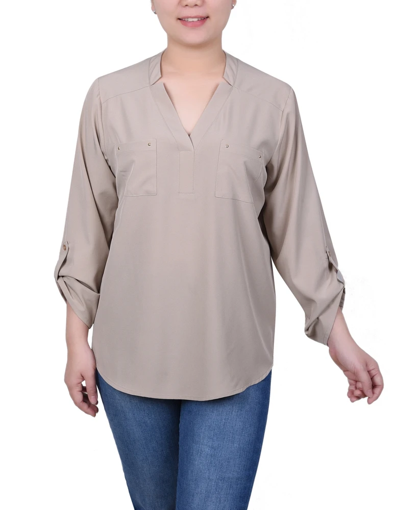 Ny Collection Women's Roll Tab Sleeve Blouse with Pockets