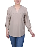 Ny Collection Women's Roll Tab Sleeve Blouse with Pockets