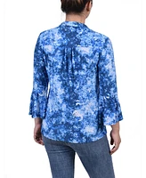 Women's 3/4 Bell Sleeve Pleat Front Y-neck Top
