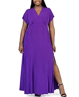 24seven Comfort Apparel Plus Size Front Slit Empire Waist Maxi Dress