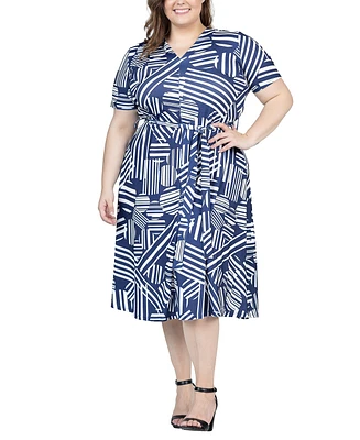 24seven Comfort Apparel Plus Short Sleeve Tie Waist Midi Dress