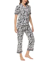 C. Wonder Women's Printed Short Sleeve Notch Collar with Pants 2 Pc. Pajama Set