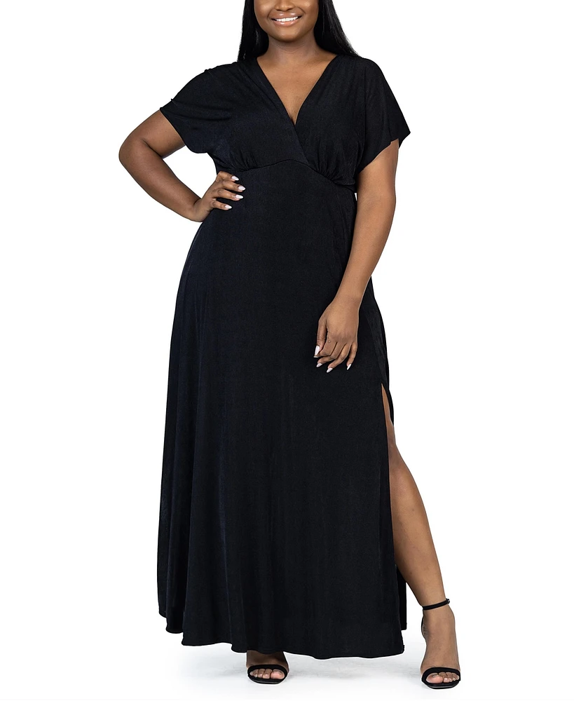 24seven Comfort Apparel Plus Front Slit Empire Waist Maxi Dress