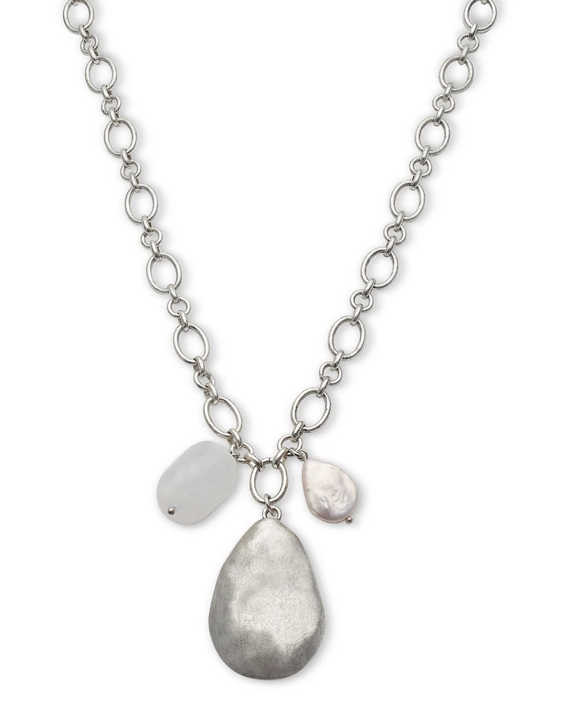 Style & Co Hammered Teardrop & Freshwater Pearl Pendant Necklace, 38" + 3" extender, Created for Macy's