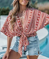 Cupshe Women's Red Open Front Tie-Waist Boho Cover-Up Top