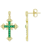 Lab-Grown Blue Sapphire (5/8 ct. t.w.) & White (1/10 Ornate Cross Drop Earrings 14k Gold-Plated Sterling Silver (Also