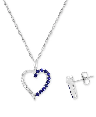 2-Pc. Set Lab-Grown Blue Sapphire (3/8 ct. t.w.) & Lab-Grown White Sapphire (1/4 ct. t.w.) Open Heart Pendant Necklace & Matching Stud Earrings in Ste