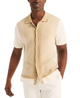 Nautica Men's Jacquard Short Sleeve Striped Button-Front Shirt