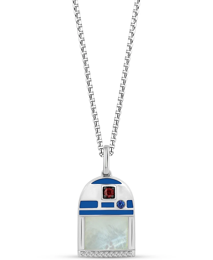 Wonder Fine Jewelry Mother of Pearl, Sapphire, Garnet, & Diamond Accent R2D2 18" Pendant Necklace in Sterling Silver