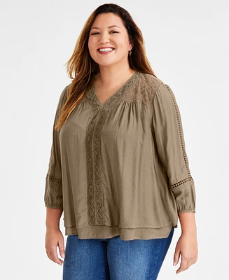 Style & Co Plus Lace-Trim Long-Sleeve Top, Created for Macy's