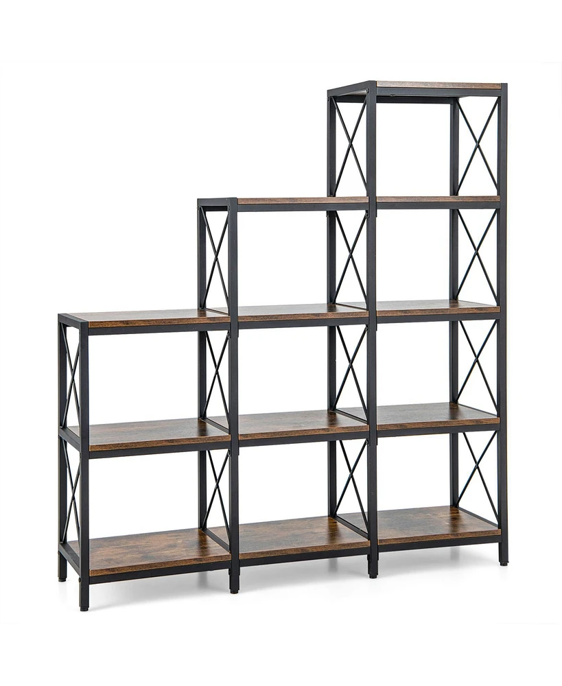 9 Cubes Bookcase with Carbon Steel Frame for Home Office-Rustic Brown