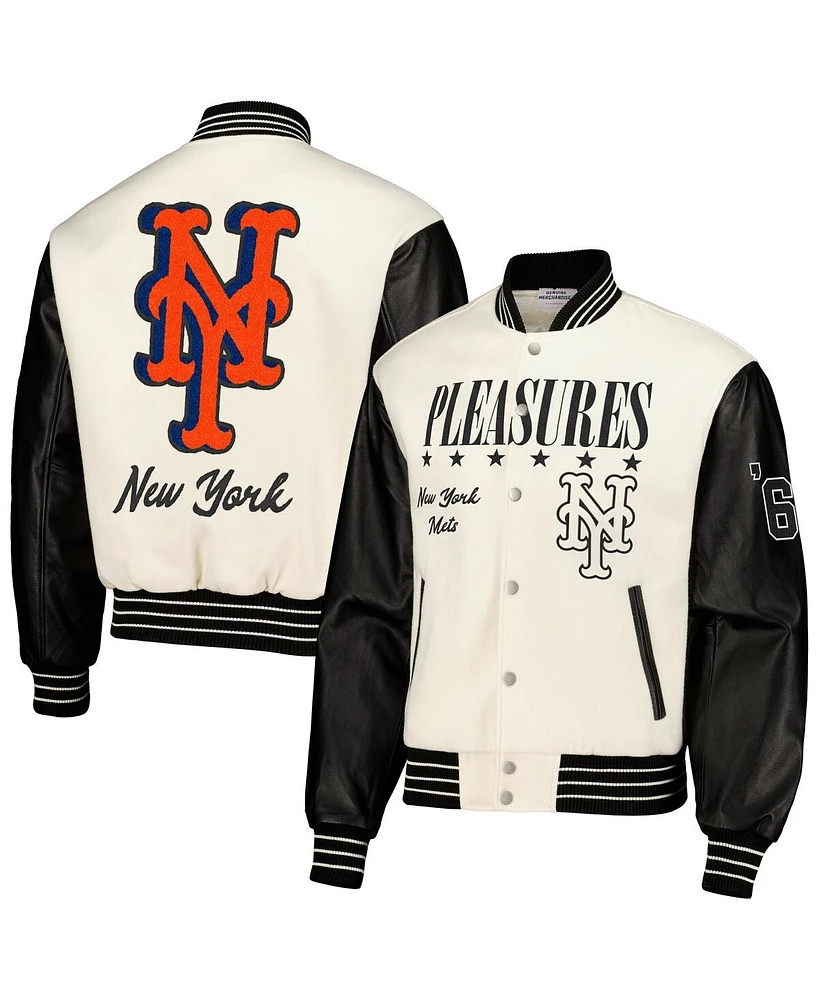 Men's Pleasures White New York Mets Full-Snap Varsity Jacket