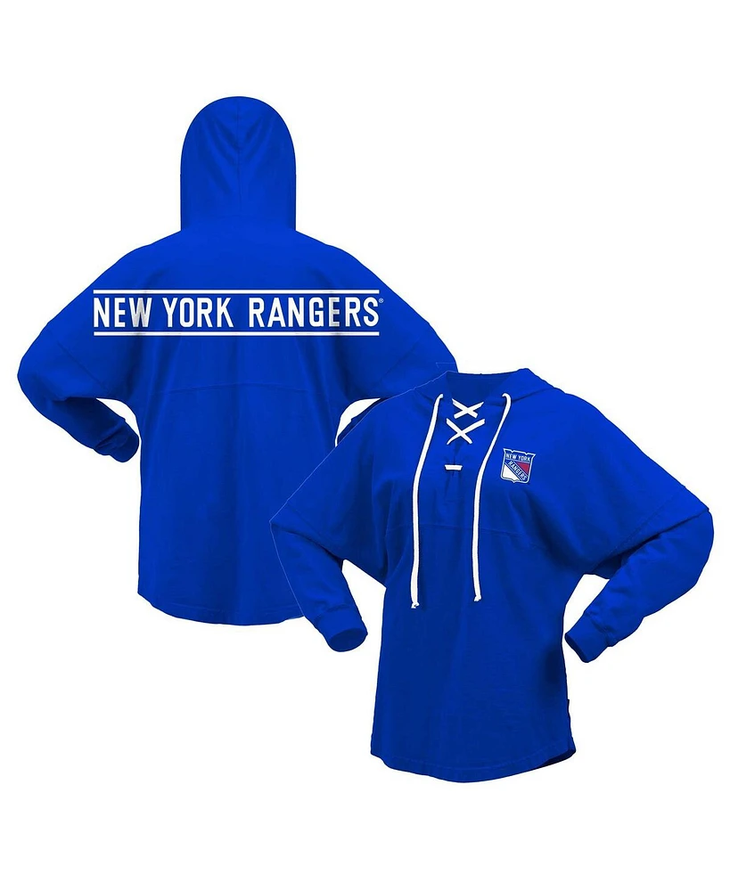 Women's Fanatics Blue New York Rangers Jersey Lace-Up V-Neck Long Sleeve Hoodie T-shirt