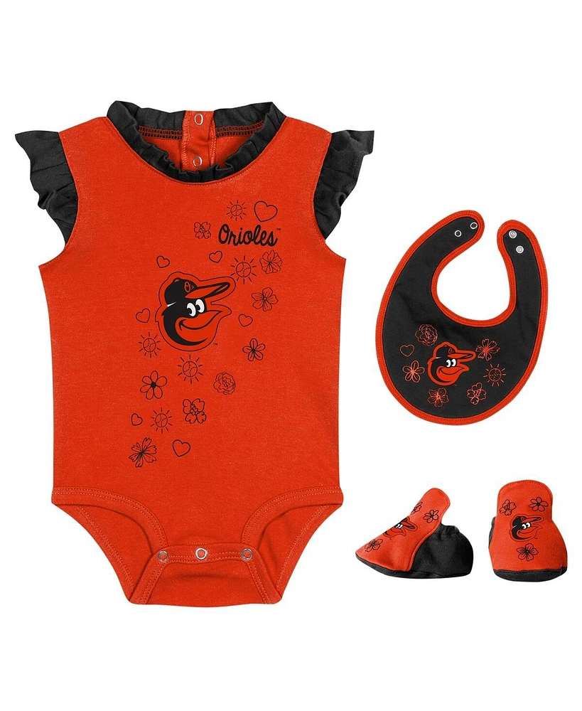 Baby Girls Fanatics Orange Baltimore Orioles Happy Baseball Bodysuit, Bib and Bootie Set