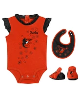 Baby Girls Fanatics Orange Baltimore Orioles Happy Baseball Bodysuit, Bib and Bootie Set