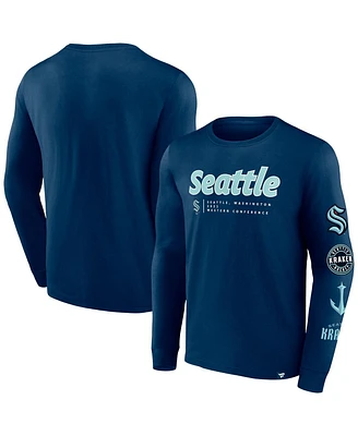 Men's Fanatics Deep Sea Blue Seattle Kraken Strike the Goal Long Sleeve T-shirt