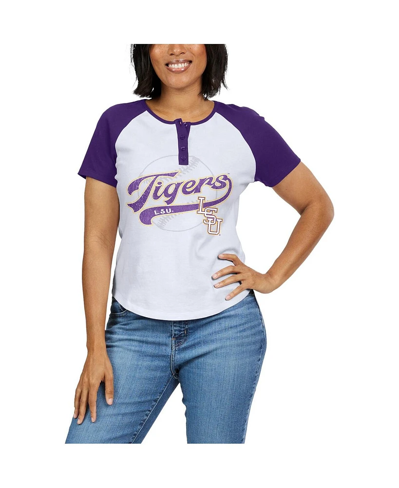 Women's Wear by Erin Andrews White Distressed Lsu Tigers Baseball Logo Raglan Henley T-shirt