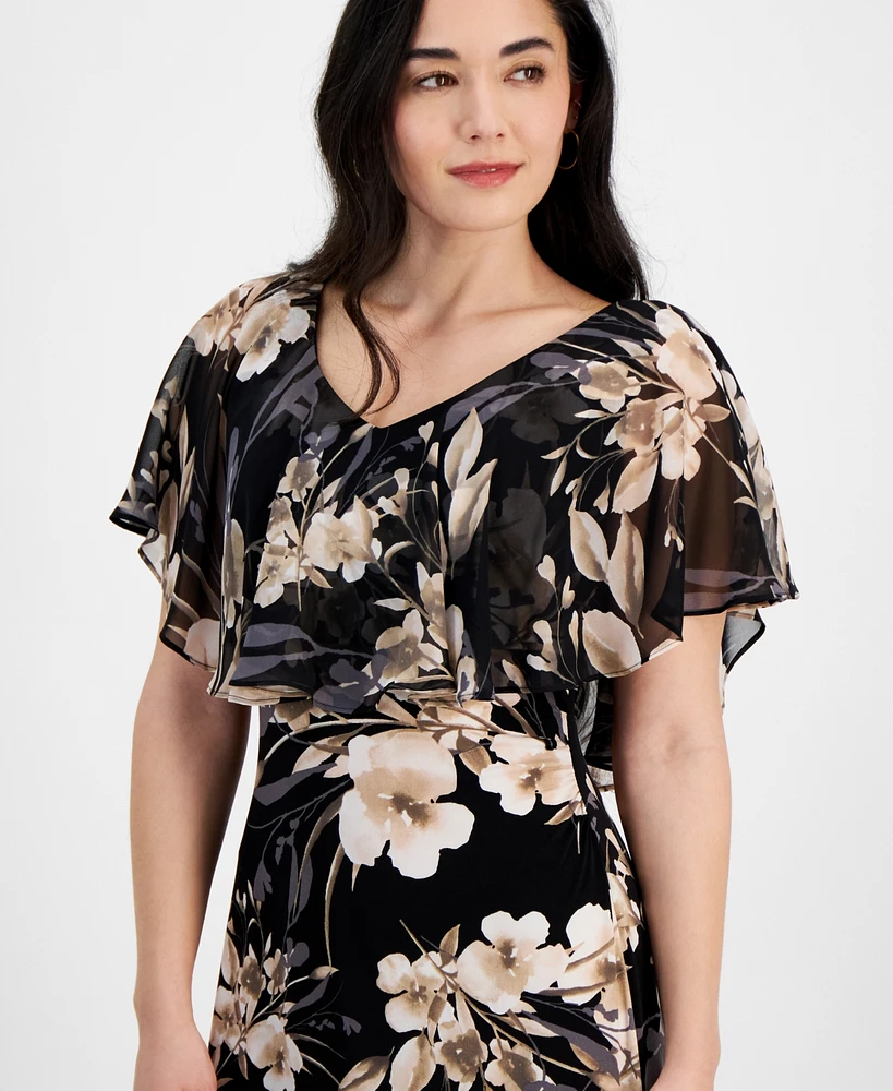 Connected Petite V-Neck Floral Cape Midi Dress