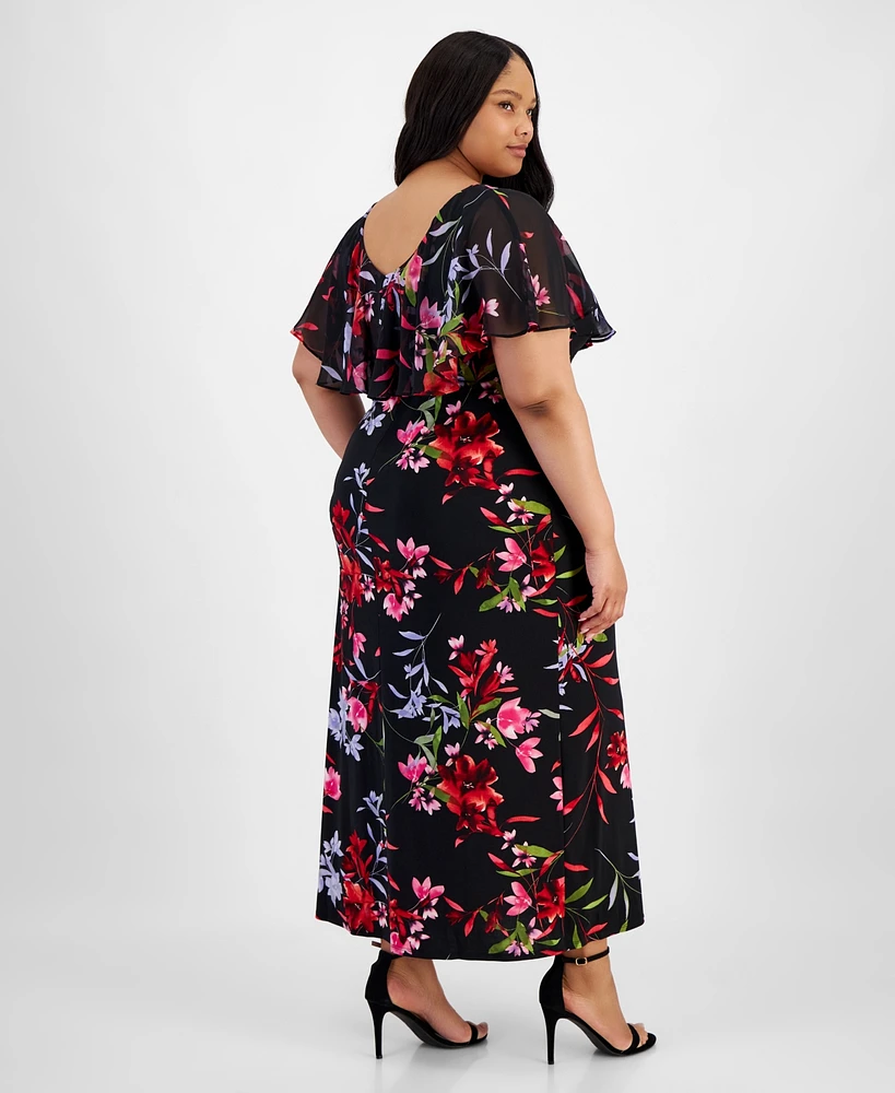 Connected Plus V-Neck Floral Cape Maxi Dress