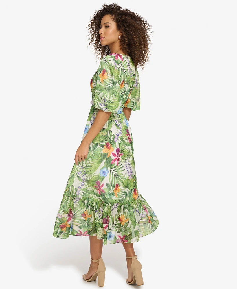 kensie Women's Floral-Print Balloon-Sleeve Maxi Dress