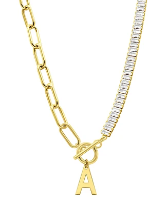 Adornia 14K Gold-Plated Half Crystal and Paperclip Initial Toggle Necklace