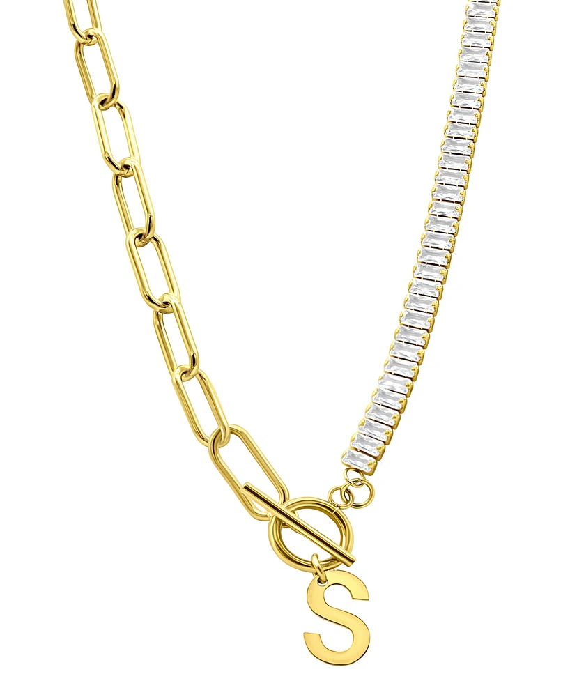 Adornia 14K Gold-Plated Half Crystal and Half Paperclip Initial Toggle Necklace