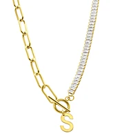 Adornia 14K Gold-Plated Half Crystal and Half Paperclip Initial Toggle Necklace