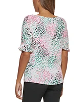 Dkny Petite Printed Embellished Elbow-Sleeve Blouse